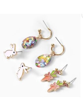 🐣Easter Bunny Carrot Egg Earring Set 3 Pair Goldtone Hypoallergenic Spring Set